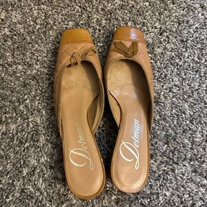 Delman Camel/Tan Quilted Slip-On Mules with Bow